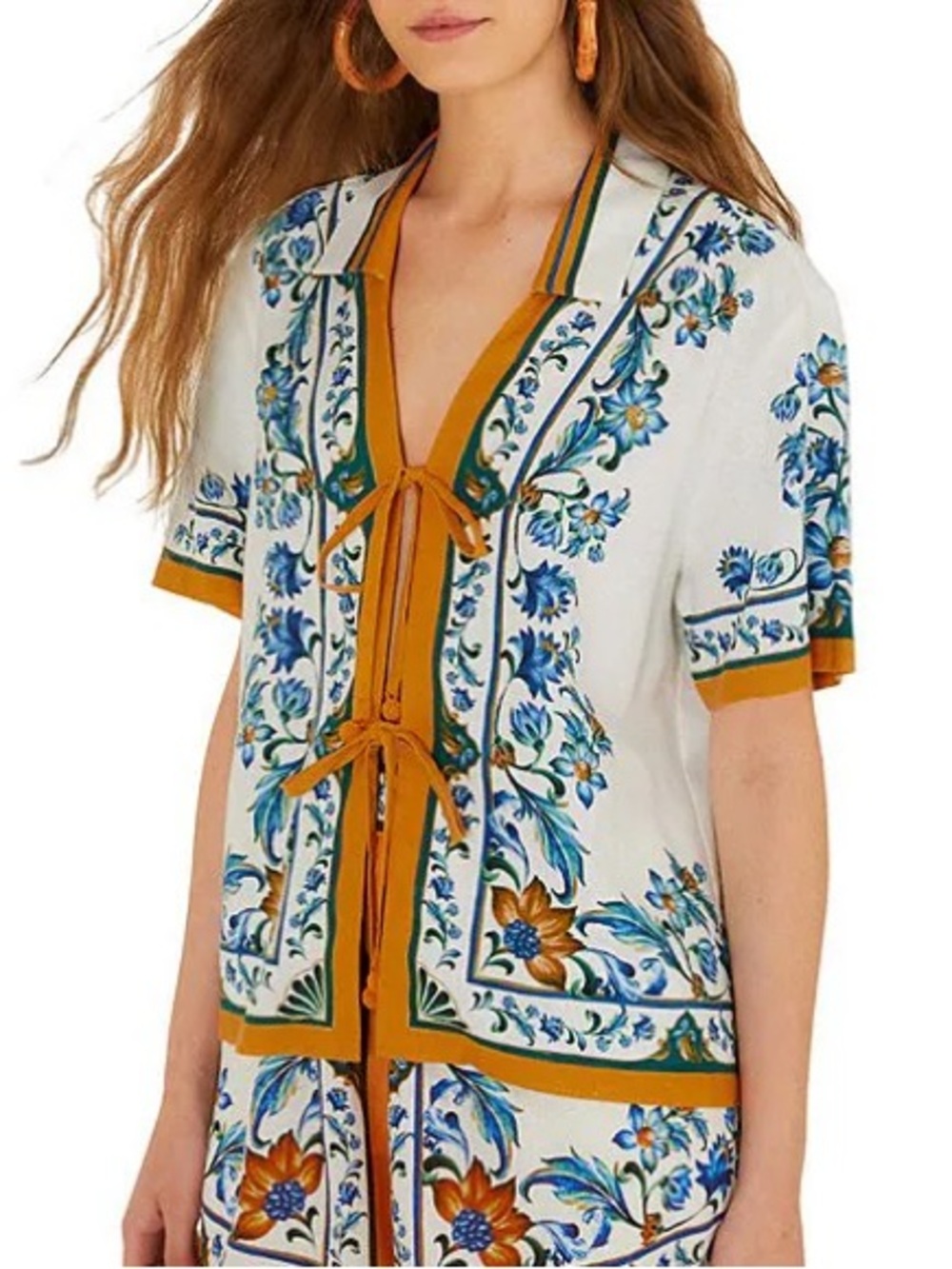 Farm Rio Flora Tile Linen Blend Off-White Print Blouse, NEW